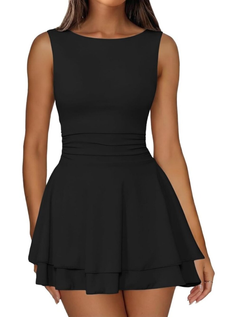 Stylish Boat Neck Sleeveless Mini Dress with Tiered Ruffle Hem for Parties